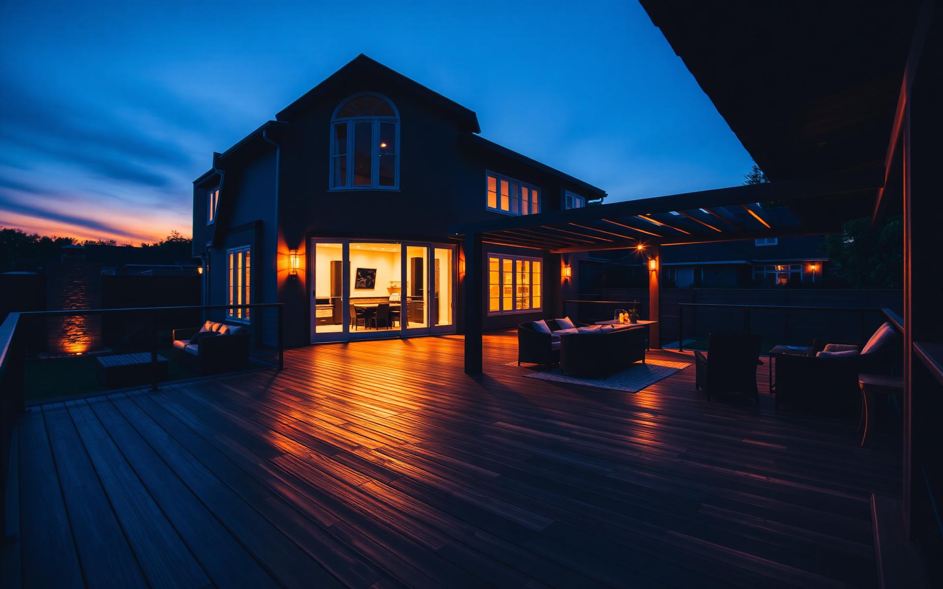 Luxury custom deck at dusk